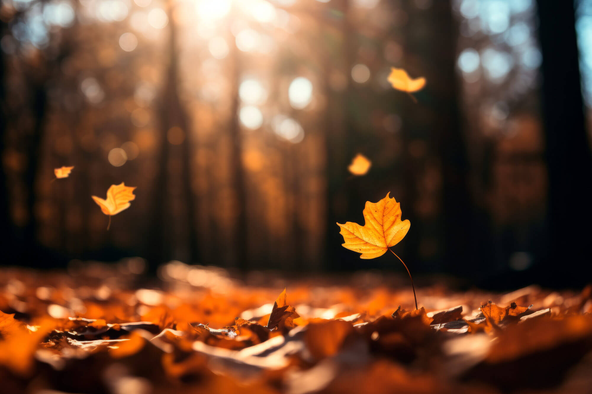 Autumn leaves on forest floor with blurred trees in the background